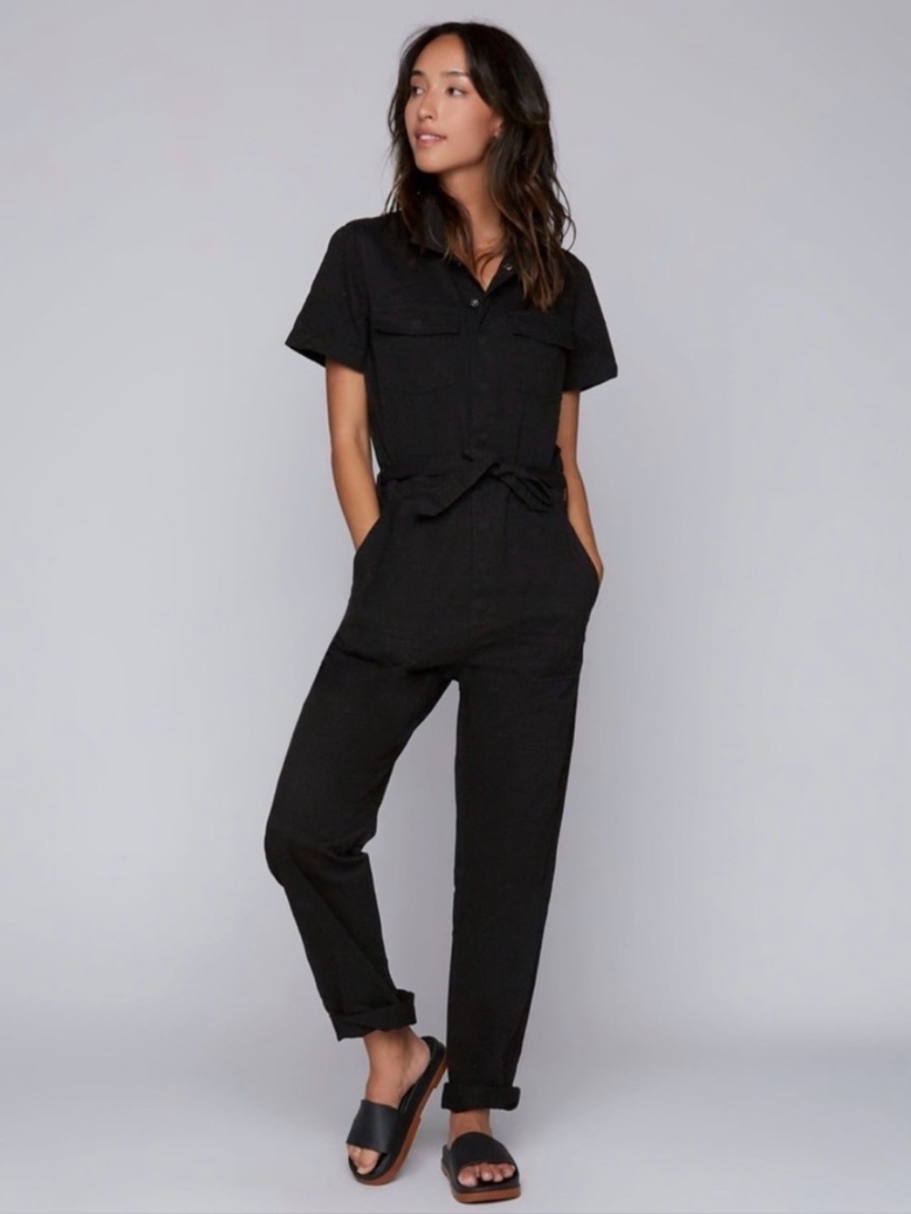 NWT Billy T Utility Jumpsuit Black Snap Buttons Tie Waist Size Small